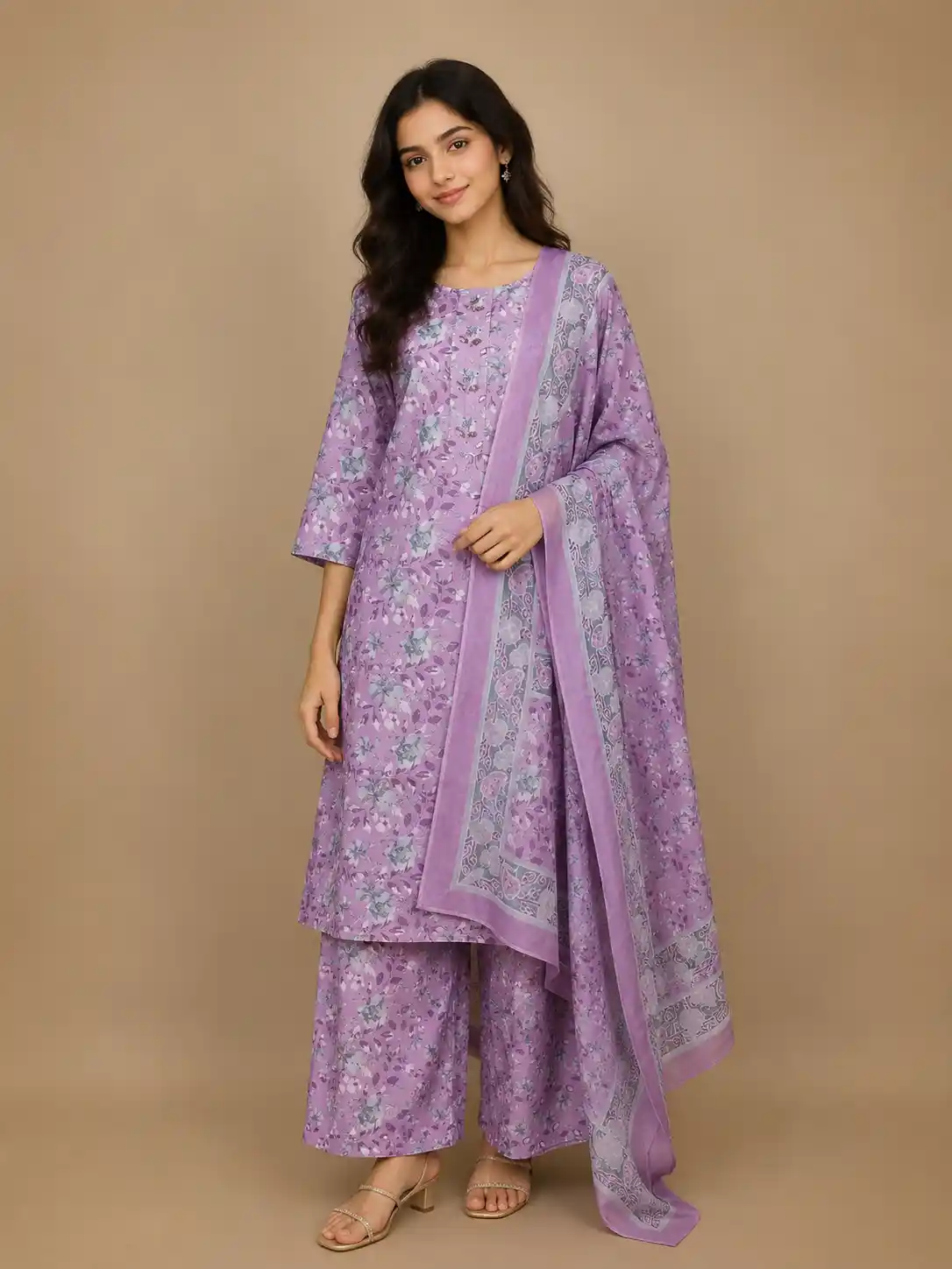 Lavender Floral Designed Cotton Salwar Suit